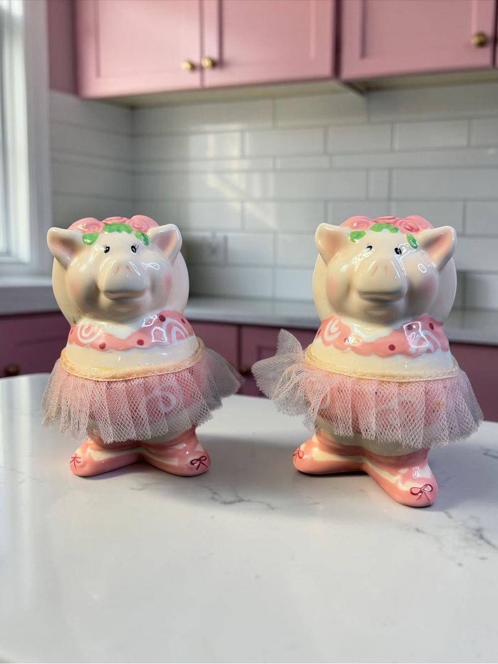 VINTAGE PINK PIGGY BALLERINAS SALT & PEPPER